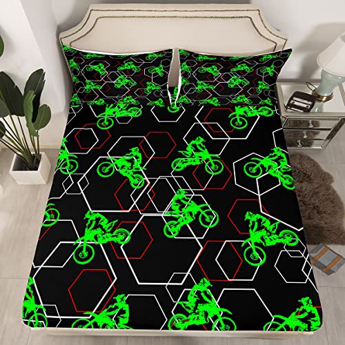 Loussiesd Juego de sábanas para niños con diseño de panal de abeja para niños, ropa de cama de deportes extremos, sábana bajera suave, color verde fluorescente, 1 juego de sábanas tamaño doble