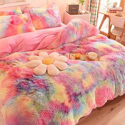 Mengersu Plush Shaggy Duvet Cover Queen Size, Rainbow Tie Dye Faux Fur Bedding Sets For Girls Soft Fluffy Fuzzy Ombre Comforter Cover Set #TOP2