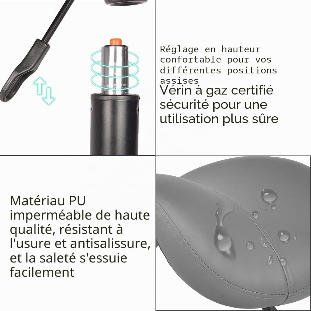 Mingone Tabouret roulettes Rotation à 360°, Gris | PU Assise Rembourrée Tabouret Ergonomique, Hauteur Réglable 49.5-65cm, pour Salon de Beauté, Massage, Bureau, Clinique