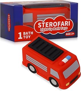 Light Up Bath Toy -Fire Engine, 100% Food Grade Silicone Bathtub Toys, Shake-Activated Light Up Airplane Toy Flash & Lights Color Change, Soft & Squeezable for Baby&Toddler (1 Pack)