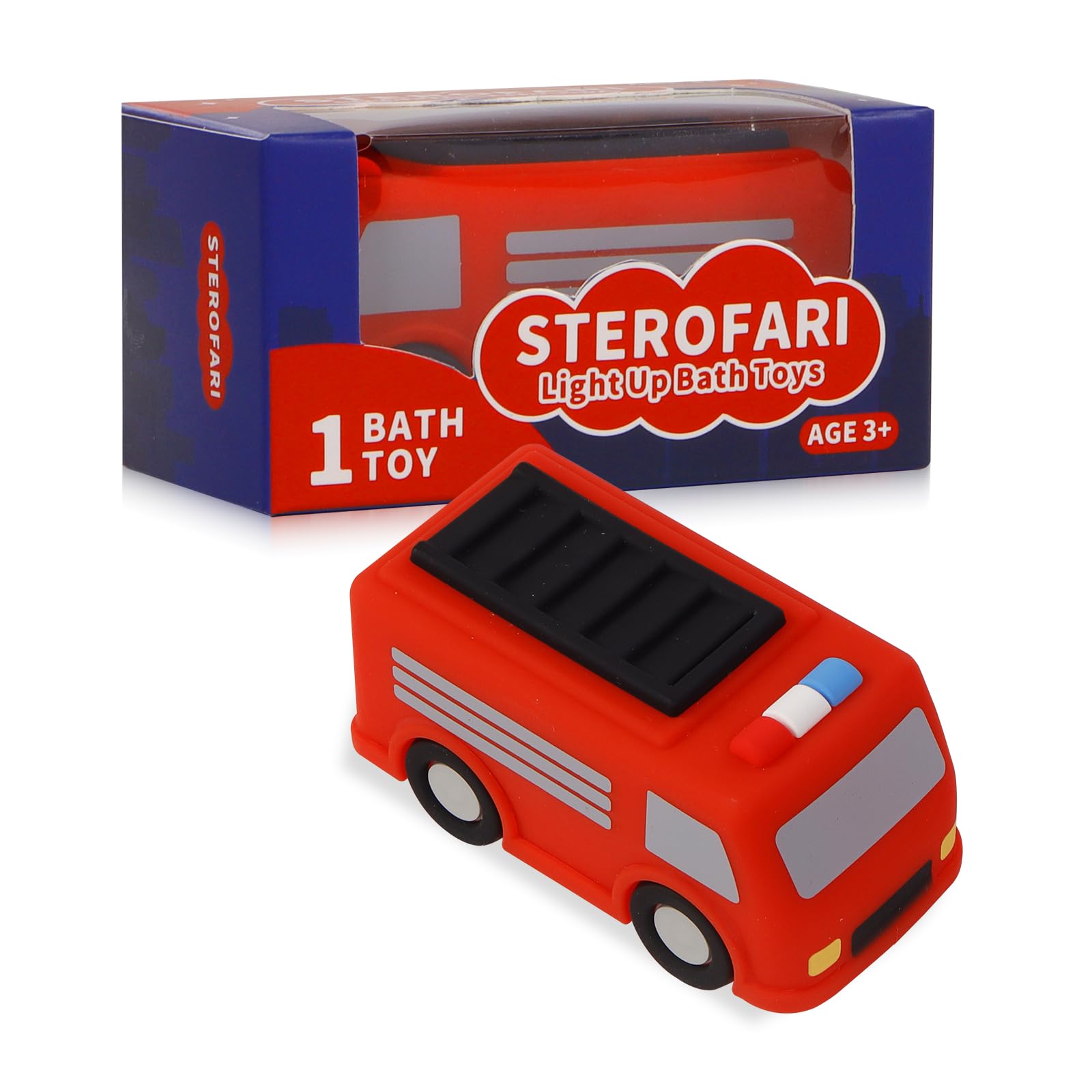 Sterofari Light Up Bath Toy -Fire Engine, 100% Food Grade Silicone Bathtub Toys, Shake-Activated Light Up Airplane Toy Flash & Lights Color Change,