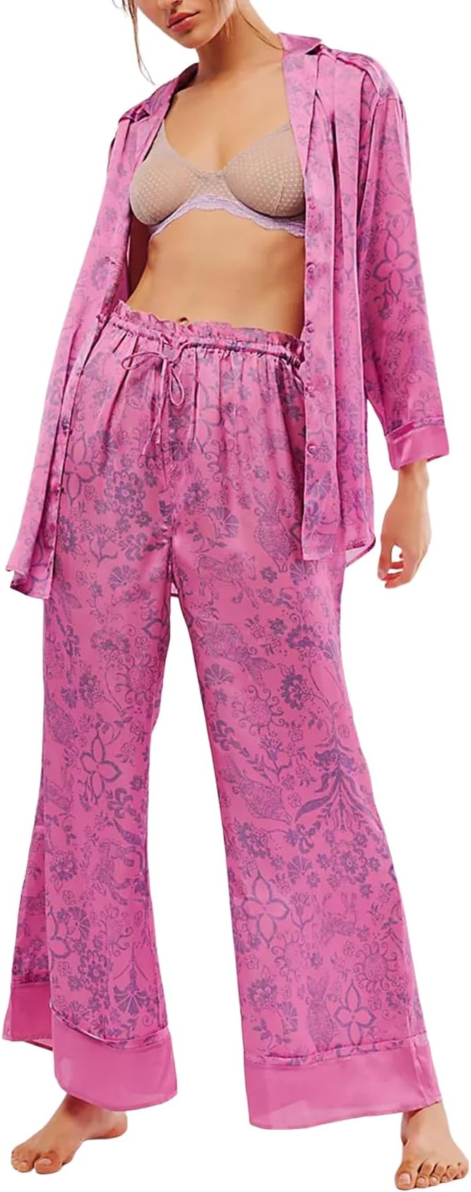Womens Satin Pajama Set Floral Silk Pajamas 2 Piece Cute Long Sleeve Button Down Pjs Sleepwear Lounge Set