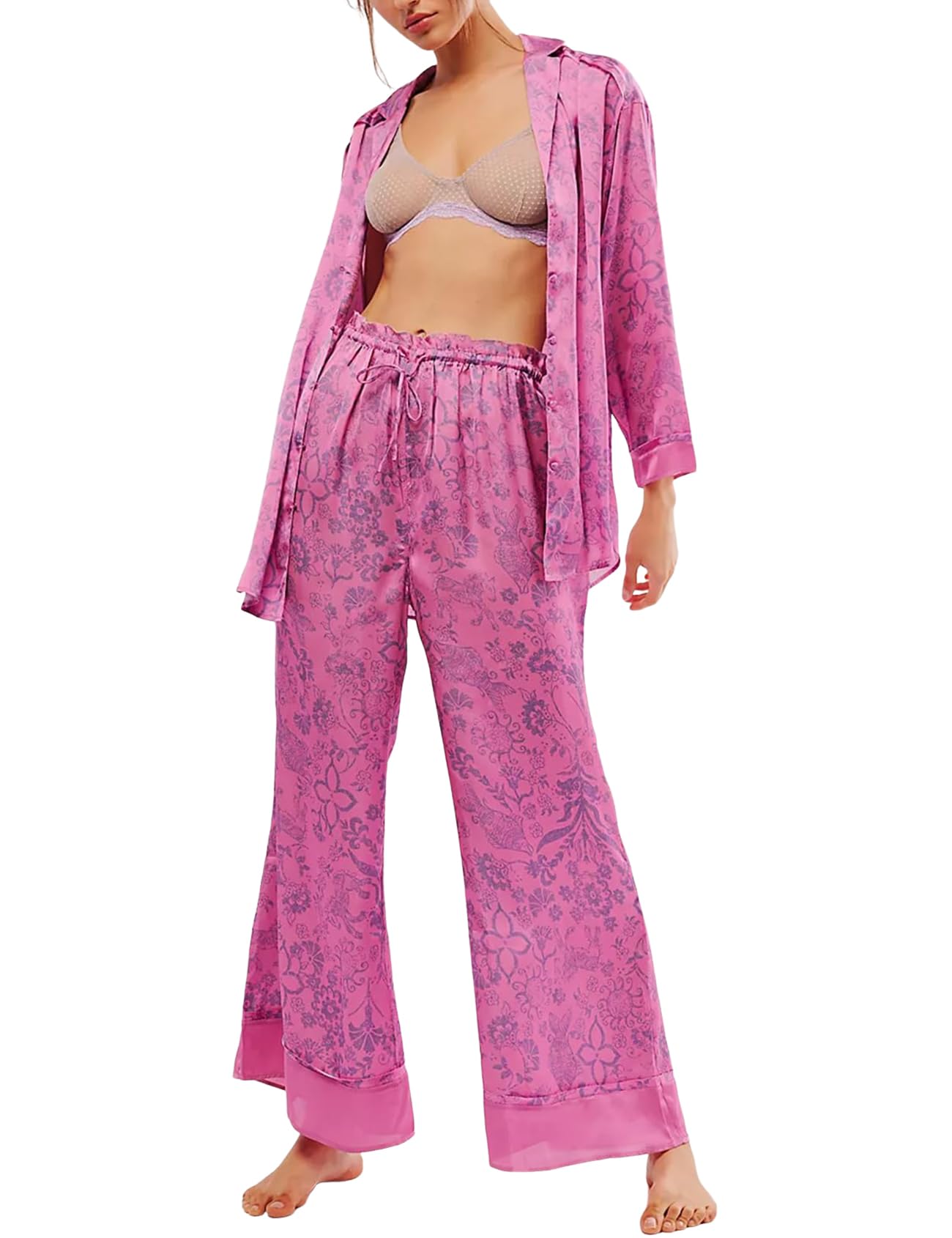 Womens Satin Pajama Set Floral Silk Pajamas 2 Piece Cute Long Sleeve Button Down Pjs Sleepwear Lounge Set