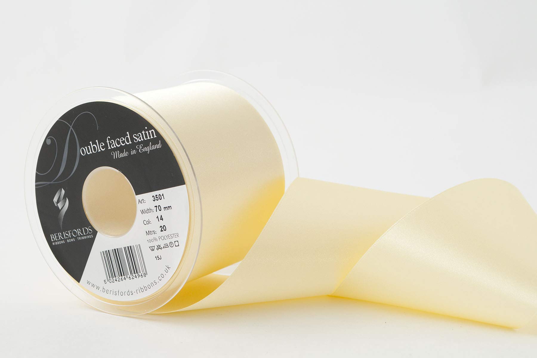Berisfords Double Faced Satin Ribbon, Pale Lemon, 70 mm Width, 20 metre Length