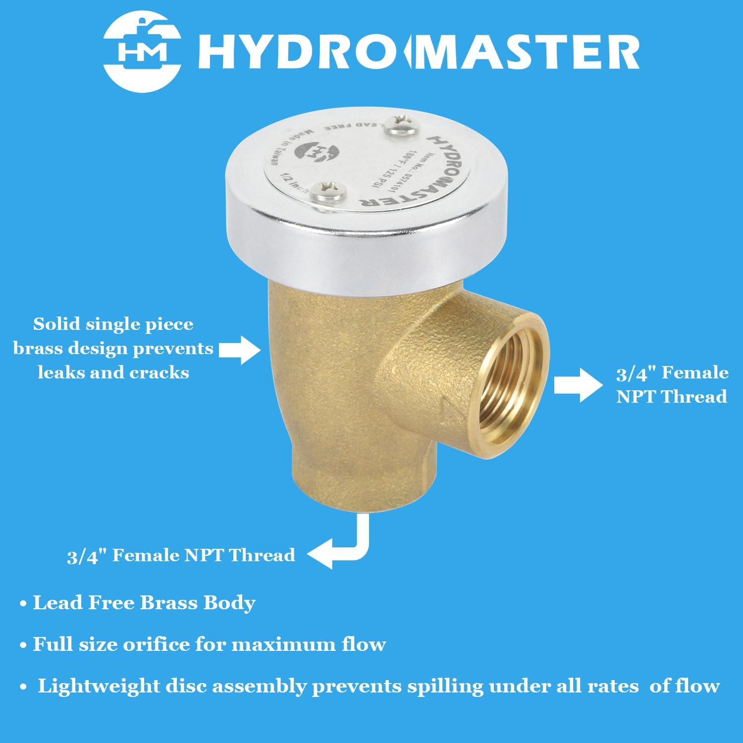 HYDRO MASTER Water Anti-Siphon Vacuum Breaker, 3/4 in., Brass Body & Chrome-Plated Cap, LF Brass.
