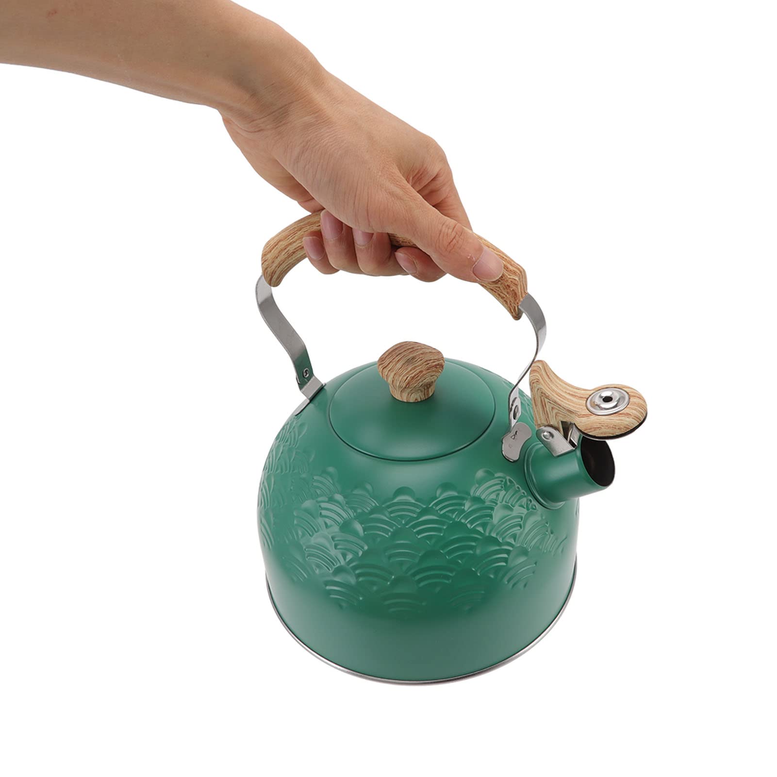 Bollitore da tè con Fischio, Teiera da 2,5 Litri in Acciaio Inossidabile per Uso Alimentare con Manico in Legno con Tocco Freddo, Bollitore per Acqua con Fischio Forte (Verde)