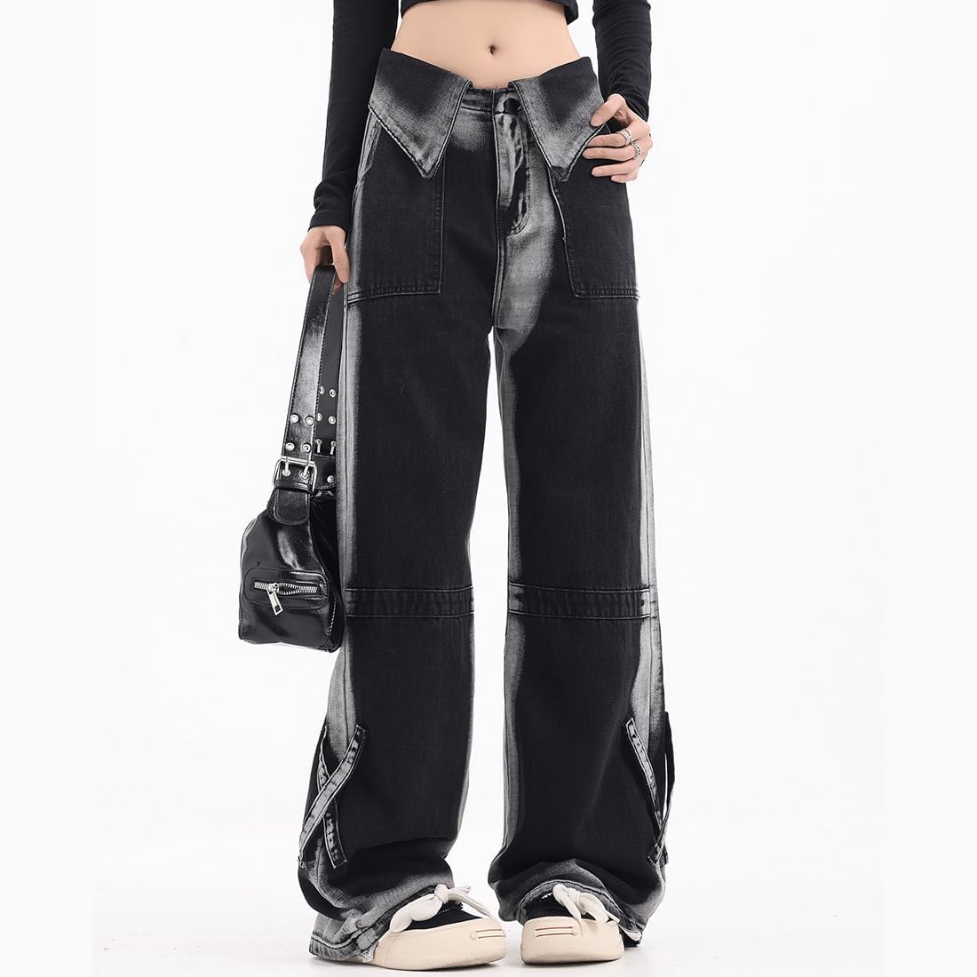 Y2K Gothic Style Harajuku Kawaii Fashion Casual Loose Wide Leg Vintage Color Blocking Denim Pants for Women