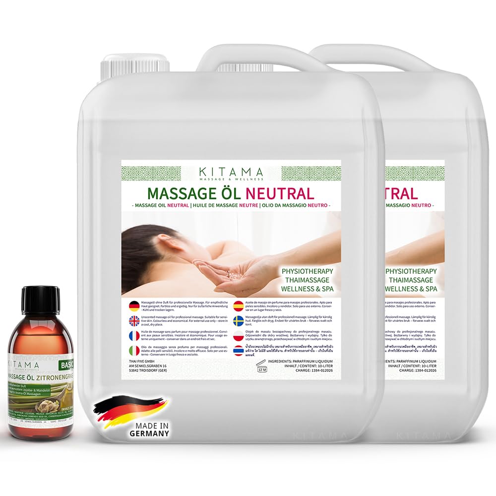 Kitama Massageöl Neutral 2x10L Duftlos + Aromaöl Zitronengras 250ml | Geruchsloses & hypoallergenes Massageöl ohne Parfum für Allergiker. Set inkl. 250ml Aroma-Öl für Thaimassage & Physio