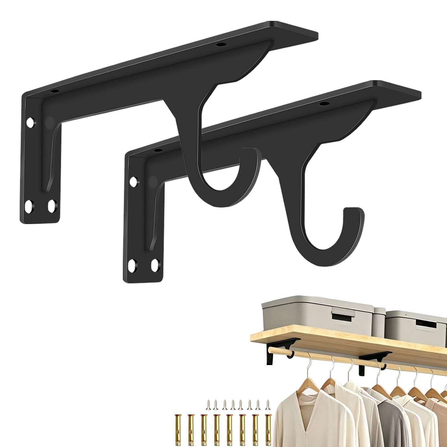 Quanerba Pack of 2 Heavy Duty Shelf Brackets with Hook, Wall Brackets for Shelves,Triangle Shelf Support Outdoor, for Garage Home Kitchen (Black, 28cm Max Load 95kg)