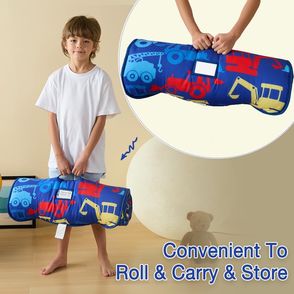 beeweed Toddler Nap Mat, Rollup Design Kid Sleeping Mat with Removable Pillow & Minky Blanket, Toddler Sleeping Bag for Daycare Preschool Travel Camping