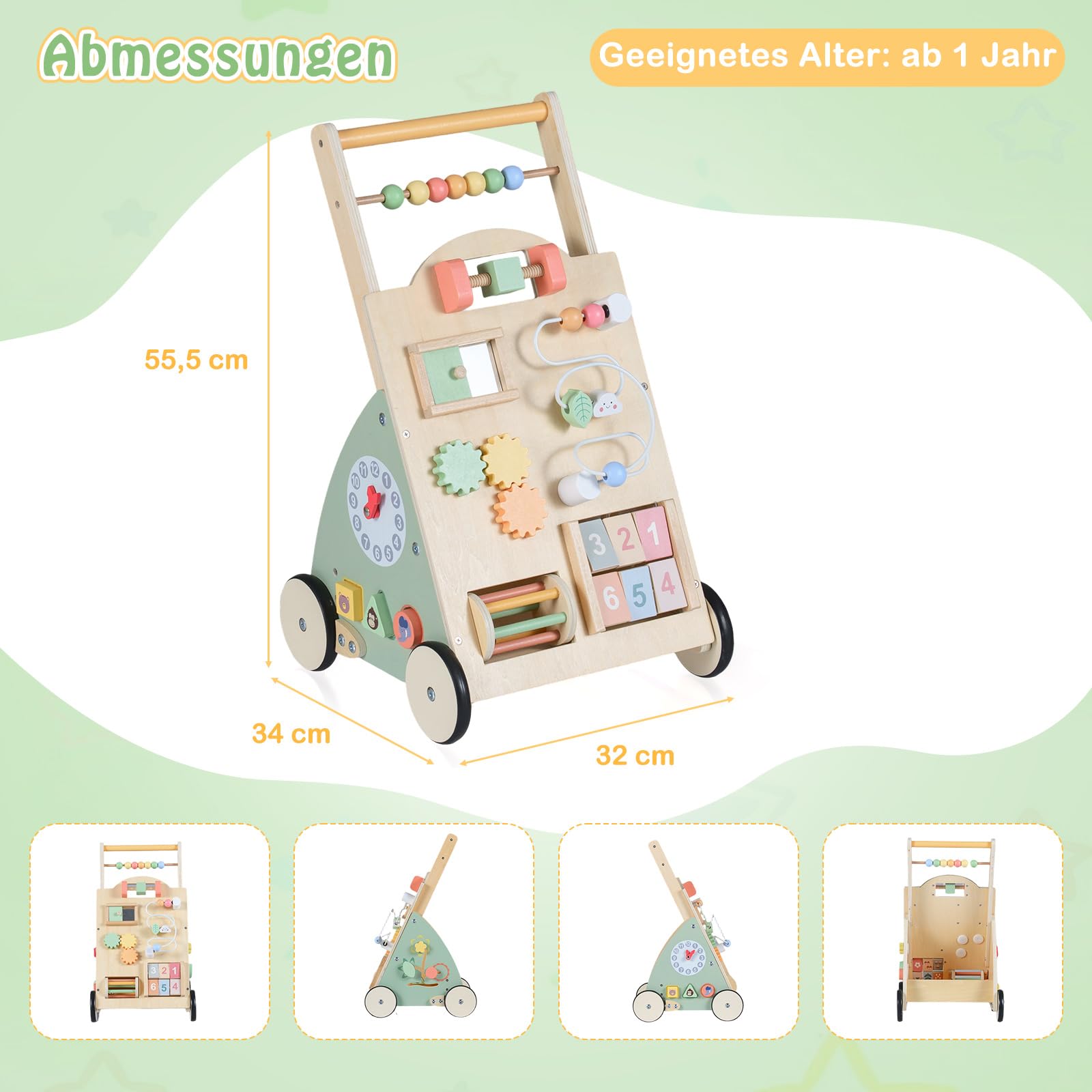 GOPLUS 2 in 1 Baby Lauflernwagen, Lauflernhilfe Holz mit Spielbrett, Laufwagen mit 4 Rädern & Stauraum, Baby Walker & Kinder Aktivitätszentrum, Montessori Holzspielzeug für Jungen & Mädchen ab 1 Jahr