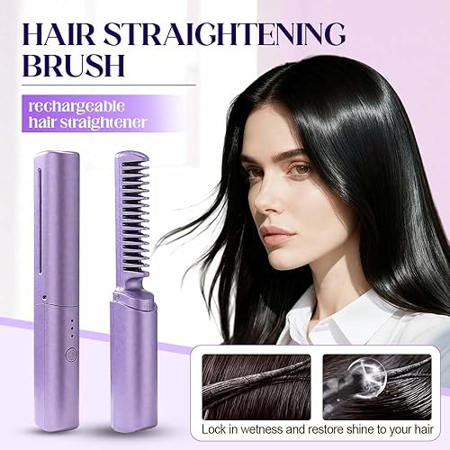 Miniatura 6 de Peine de peluquería de cerámica mejorado tercero, portátil, inalámbrico, 2 en 1, para cabello liso y rizado, peine de pelo de calor rápido con 3