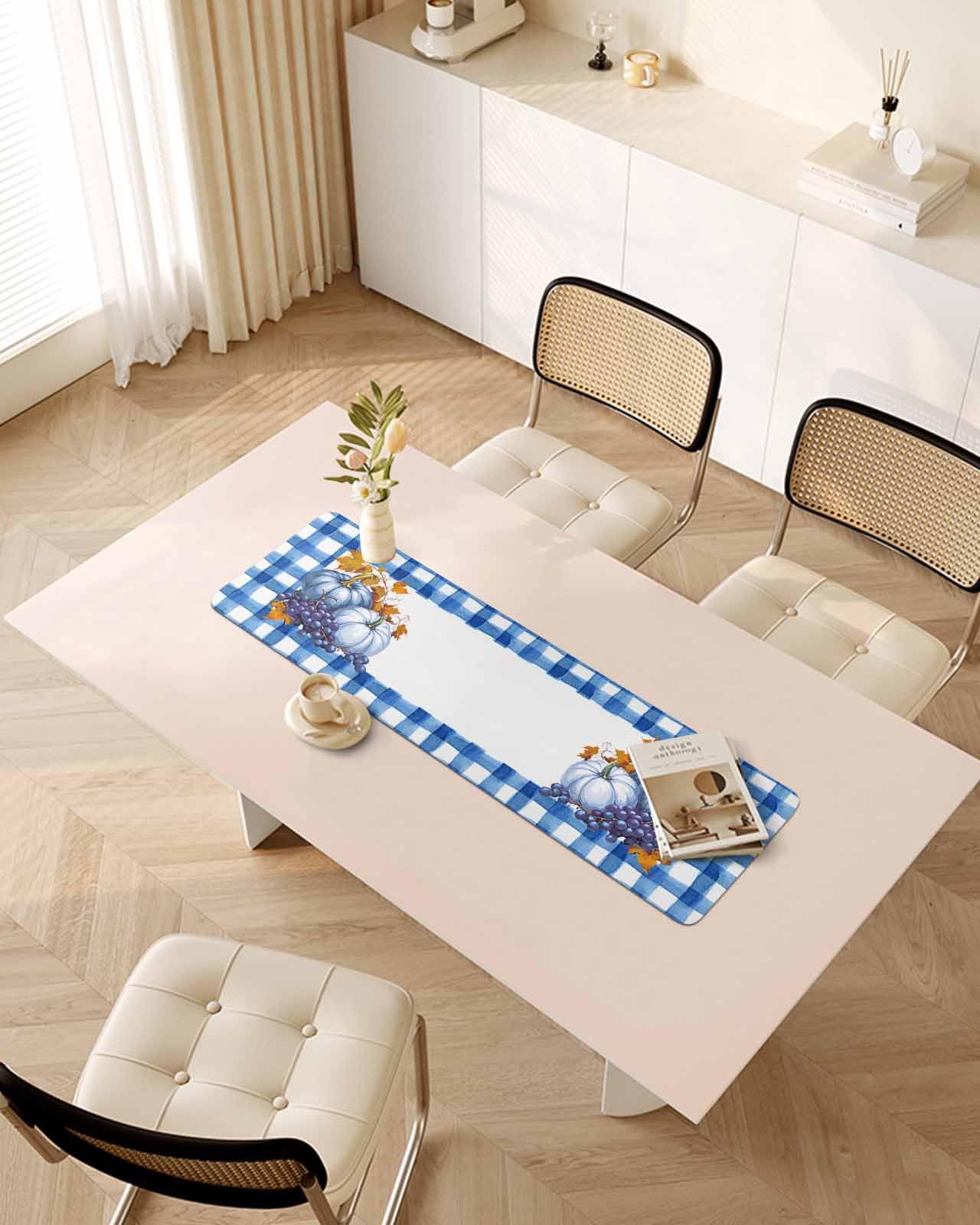 Debedcor Heat Proof Table Pads Waterproof Decorative, Blue Pumpkins Fall Non-Slip Table Countertop Protector, Rustic Grapes Maple Leaf Plaid Insulation Mat for Dining Room, 48 x 12 Inches