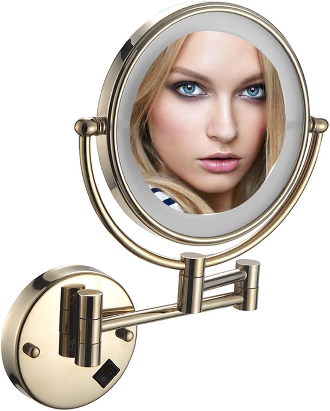8 Inch LED Wall Mounted Lighted Makeup Bathroom Mirror, Magnifying Double Sided Vanity Mirror, 360° Rotation Extendable Cosmetic Mirror (Pickaxe Gold Hardwire 7X)