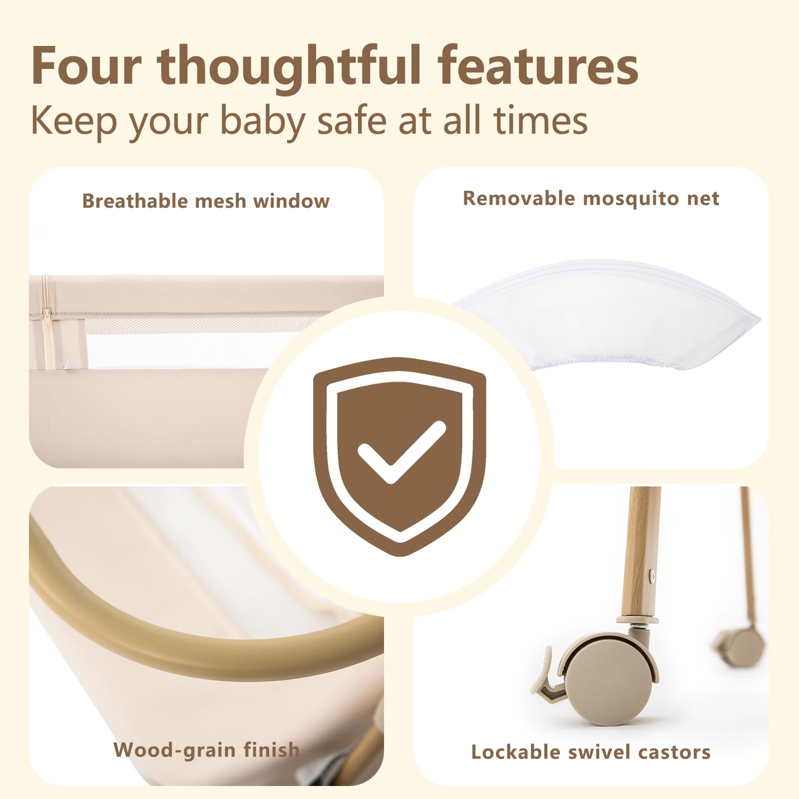 Zkiprm Culla Co-sleeping, Culla da affiancare pieghevole, Facile da montare, con Lettino rimovibile, Zanzariera, 4 Ruote bloccabili | Buona Circolazione dell'Aria | Peso max: 9 kg | 0–6 mesi（Beige）