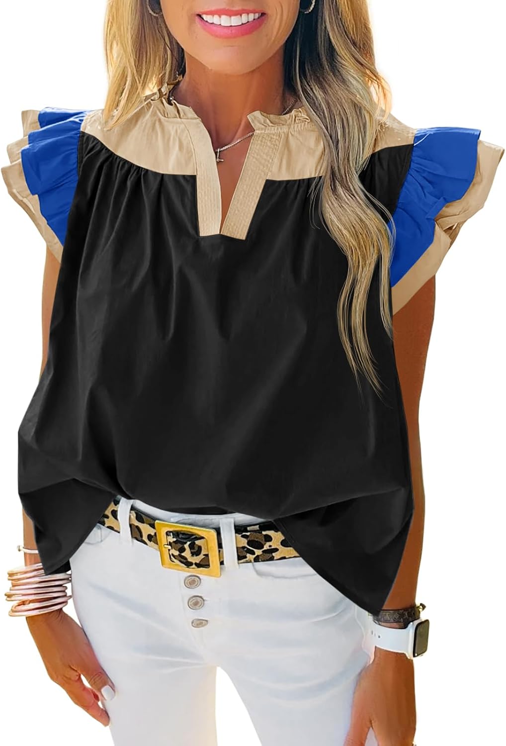 Tankaneo Womens Ruffle Color Block Tank Tops Summer Casual Dressy V Neck Pleated Blouse Loose Fit Sleeveless Shirts