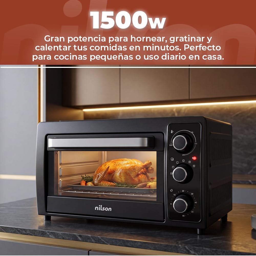 Piekarnik stołowy 28 l, konwekcja, 1500 W, 5 funkcji gotowania, sterowanie mechaniczne, NHS2800N, regulowany termostat, maksymalna temperatura 230º, Timer 60 min