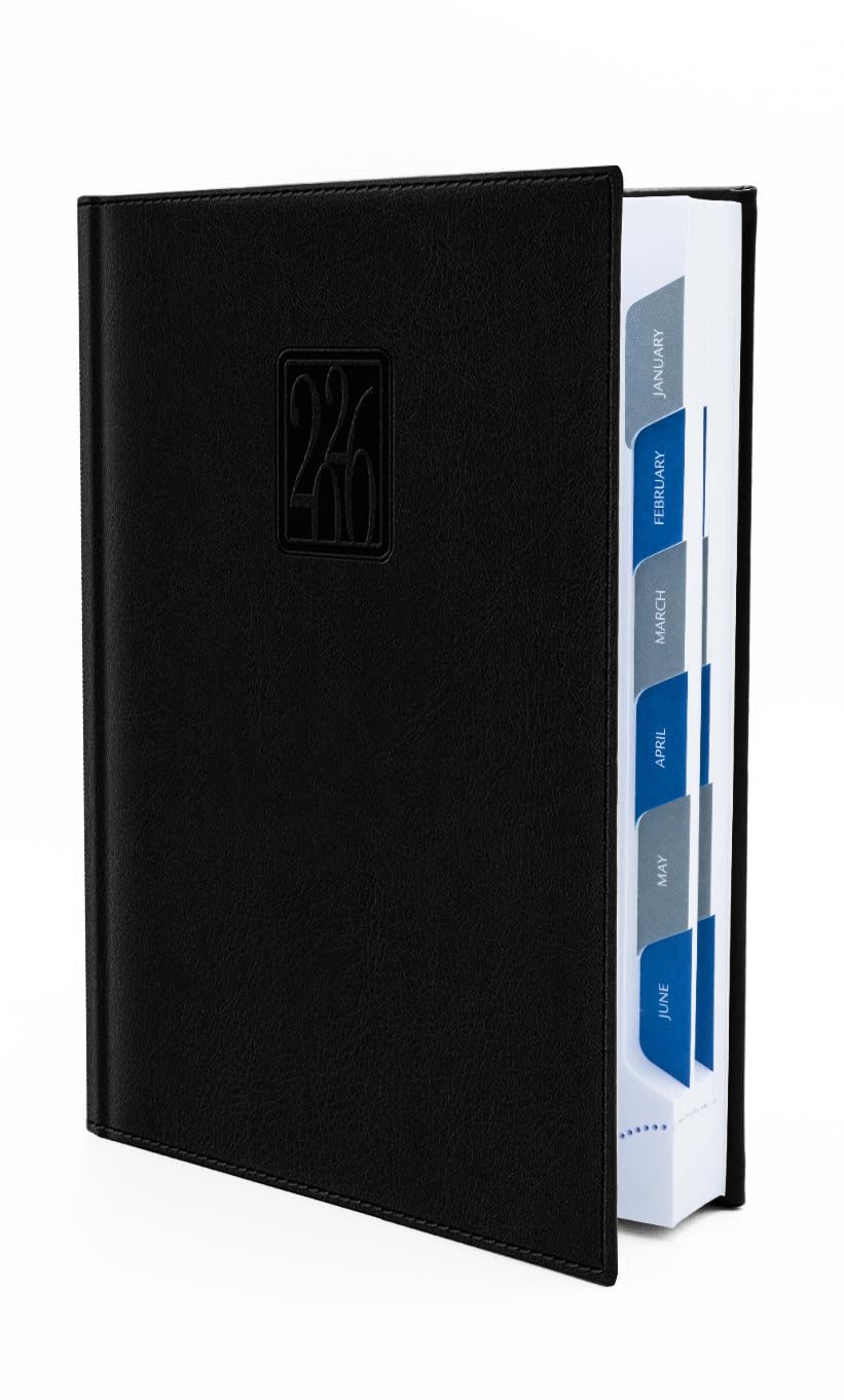 Leather Executive Daily Planner 2026 – A5-Compatible (8.3 x 5.9 in), One Page per Day Hourly Business Agenda, 416 Pages, Monthly Tabs, Hardcover – Made in Italy (BLACK 2026)