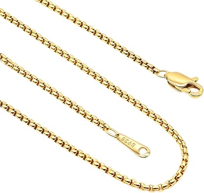 925 Sterling Silver Chain for Men, 2.0mm Square Rolo Men Necklace Chains, Sturdy & Non Tarnishing 14K Gold Plated Chain Necklaces for Mens 18/20/22/24/26 Inches