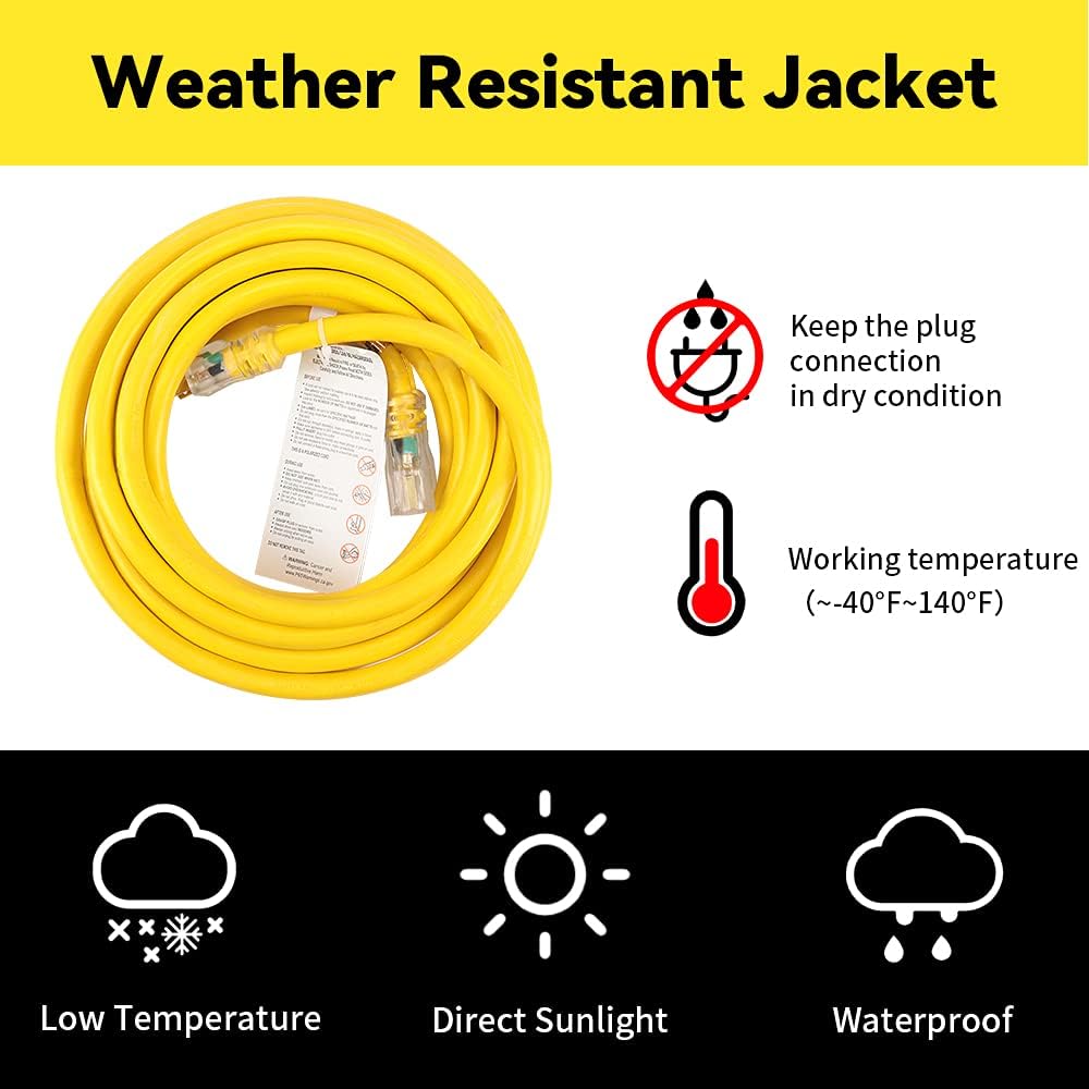 EP 50 Ft Lighted Outdoor Extension Cord - 12/3 SJTW Heavy Duty Yellow Extension Cable with 3 Prong Grounded Plug - Power Cord for Lawn, Garden, Appliances
