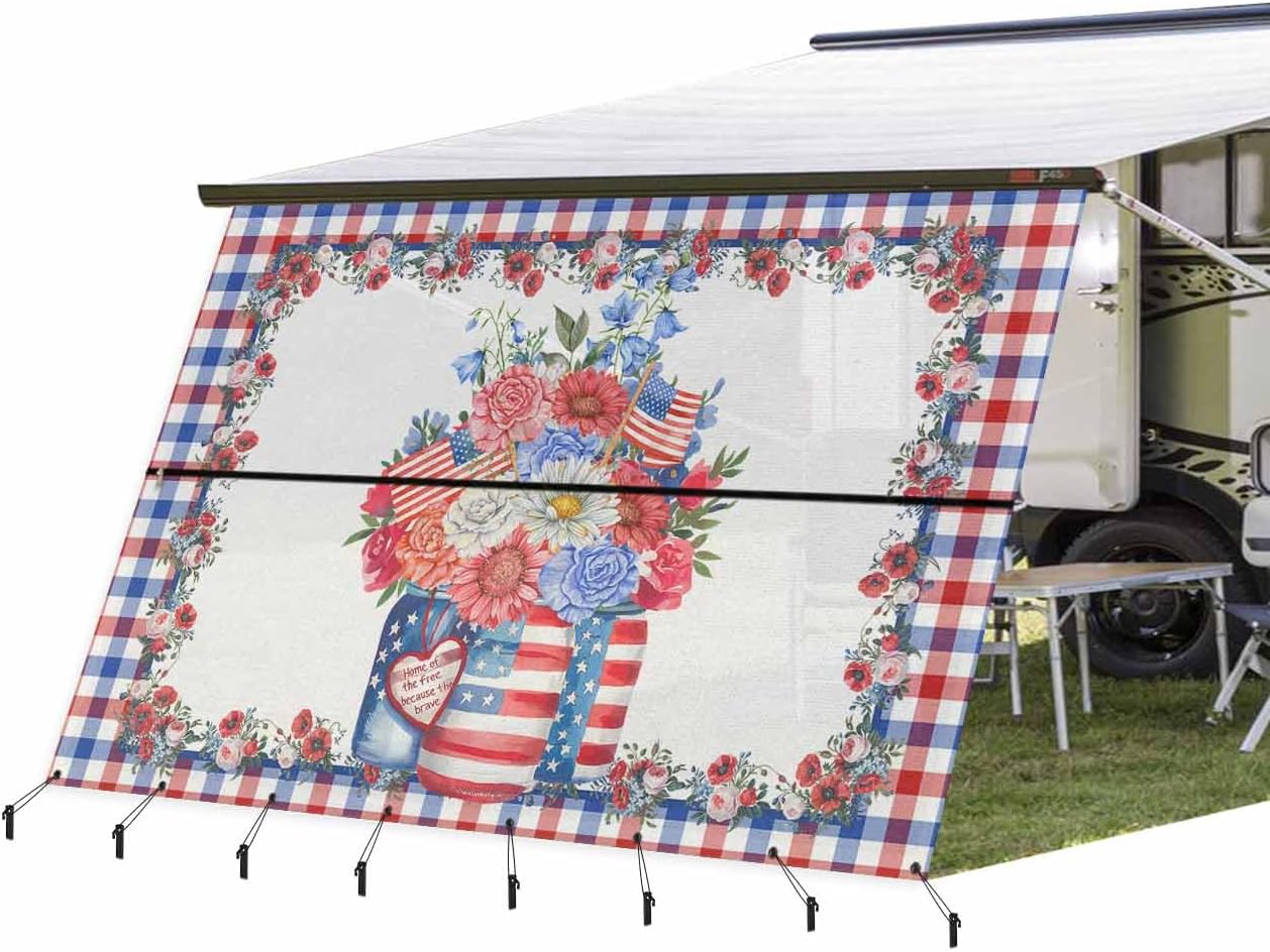 4th of July RV Awning Sun Shade Screen 9'X13.3' Red White and Blue Floral Vase Mesh Sunscreen USA Flag Strips Awning Shade Screen with Zipper UV Blocker Completed Kits Canopy for RV Motorhome Camper