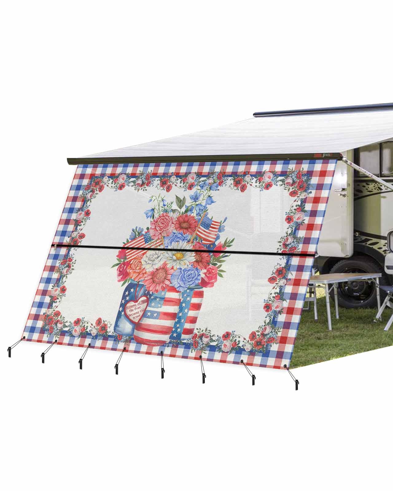 4th of July RV Awning Sun Shade Screen 9'X13.3' Red White and Blue Floral Vase Mesh Sunscreen USA Flag Strips Awning Shade Screen with Zipper UV Blocker Completed Kits Canopy for RV Motorhome Camper