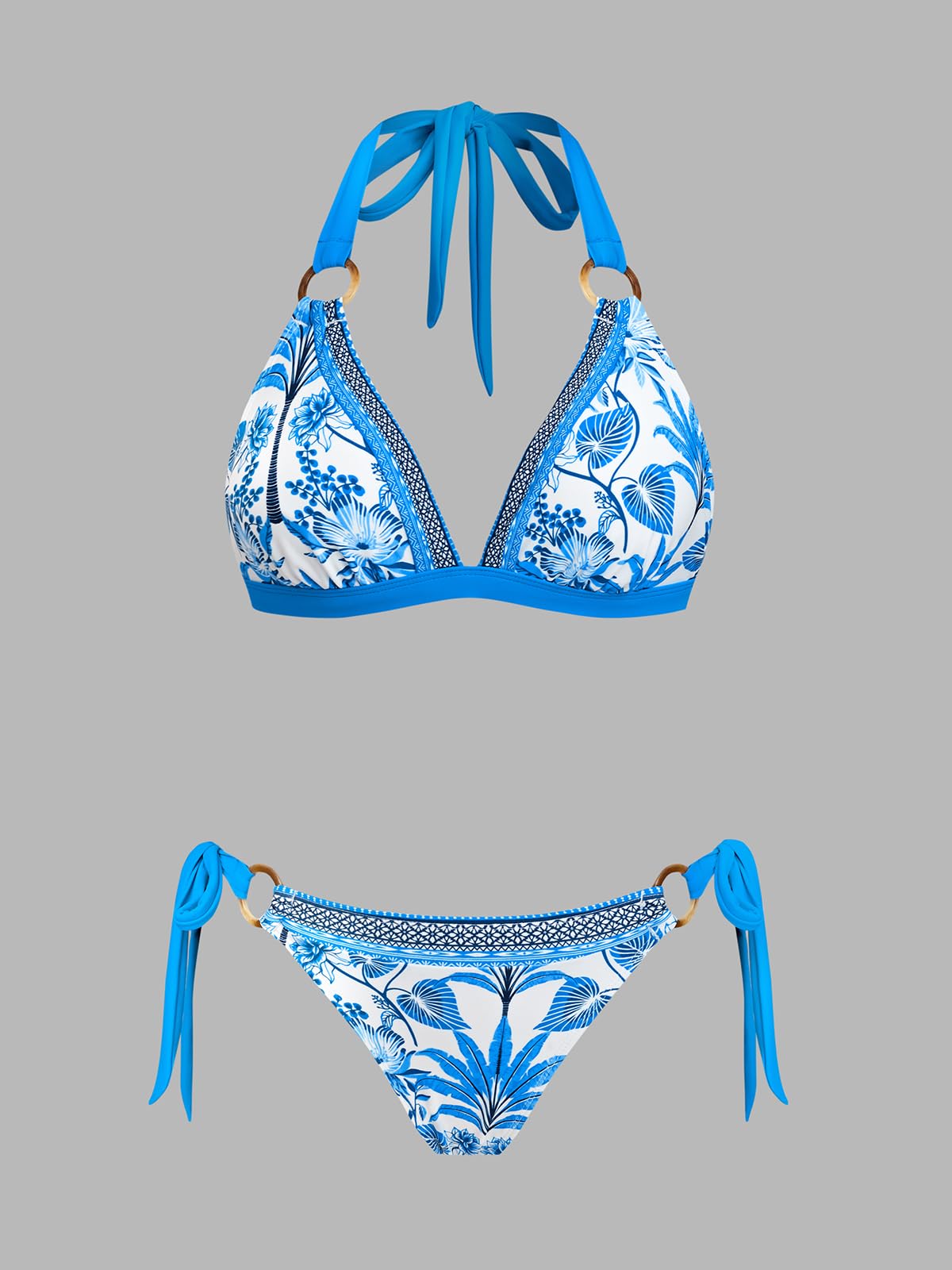 CUPSHE Damski zestaw bikini dwuczęściowy strój kąpielowy dekolt w serek trójkątny top kostium kąpielowy podwójny O-ring wiązany na szyi pasek z tyłu hak