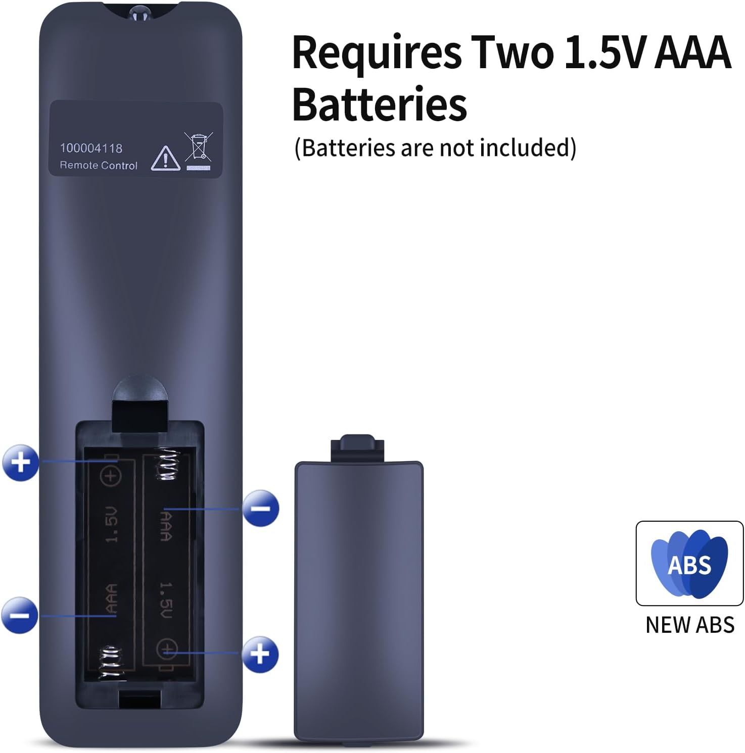 Back of the remote control with the battery compartment open, showing where to insert two AAA batteries with correct polarity.