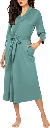 MAXMODA Womens Robe, Soft Kimono Spa Knit Long Bathrobe Lightweight Loungewear with Attached belt
