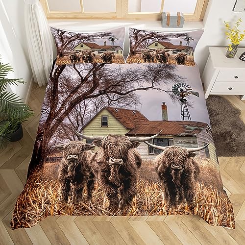 Homewish Highland Cow Comforter Cover Rustic Farm Animal Bedding Set for Girls Boys Windmill Cabin Lodge Decor Duvet Cover,Farmhouse Rural Western Life Bedspread Cover with 1 Pillowcase Single