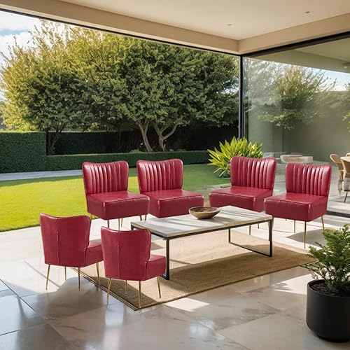 Miniatura 7 de Moderno juego de 3 sillas decorativas de piel sintética, tapizadas, con respaldo de alas sin brazos con patas doradas, cómodo sofá individual, Rojo