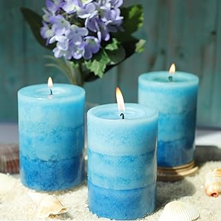 Pillar Candles Ocean Scented, Immeiscent Aromatherapy Candles, 50+ Hours Burn Long Lasting, Blue Mottled Layered Candles for Home Scented, SPA, Restaurant, Set of 3(Dia:3XH:4â€)