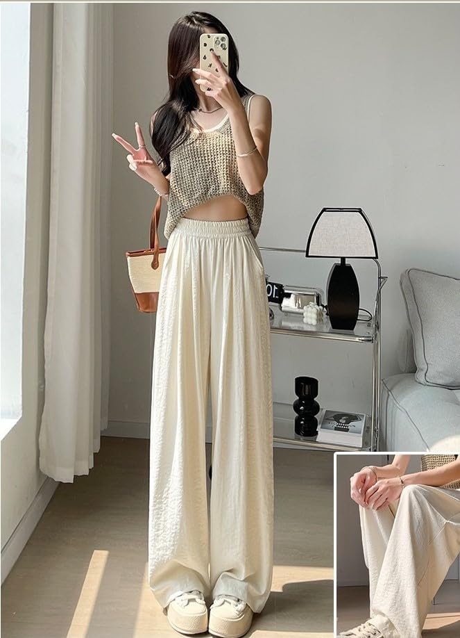 Women's Lightweight Summer Pants Wide Leg Trousers with Elastic Waistband Solid Colors Casual Comfortable Wear - Image 2