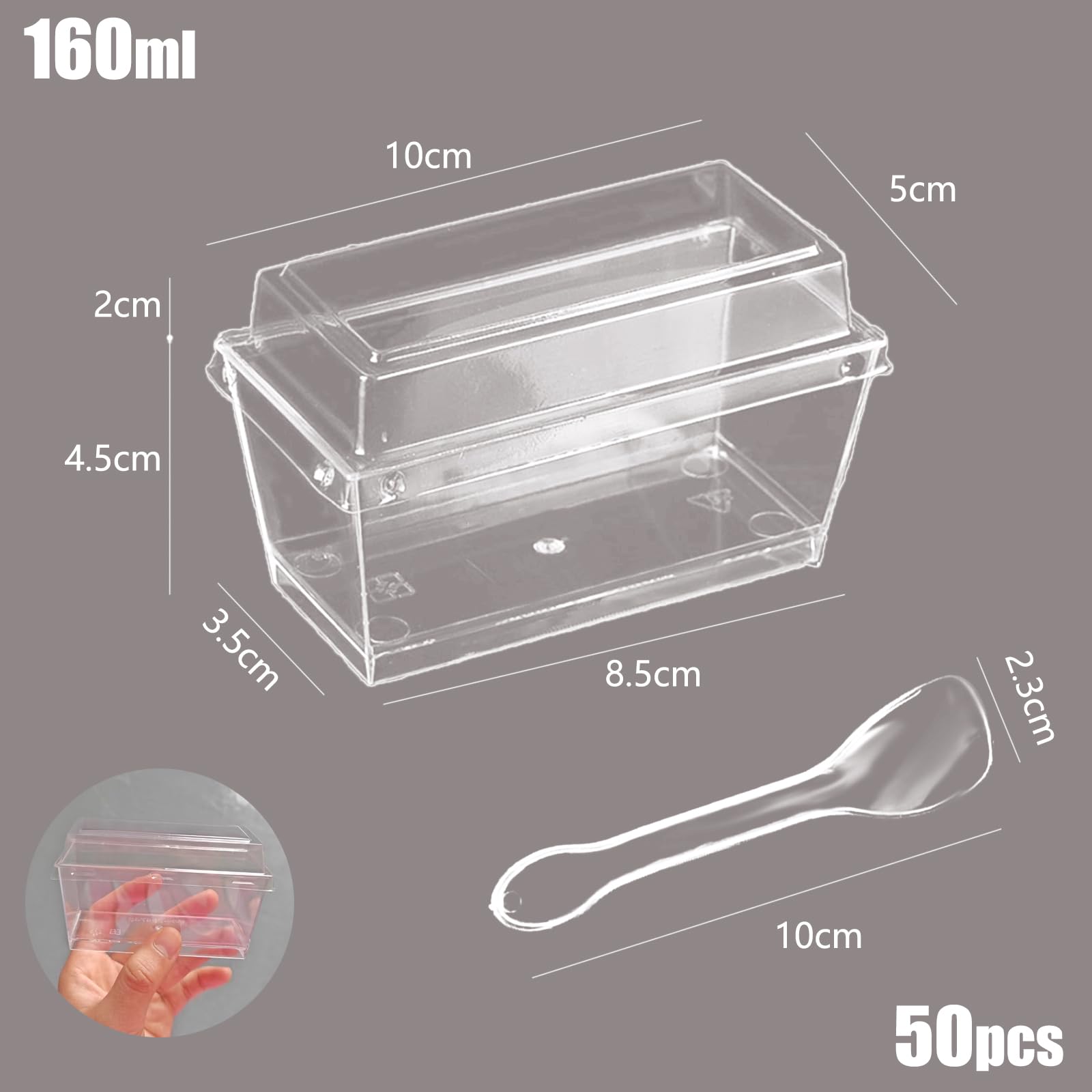 50 tazze da dessert, 160 ml, in plastica con coperchio, cucchiai