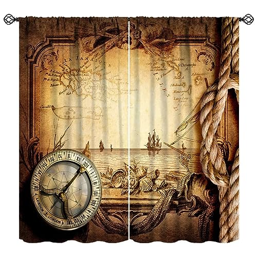 Pirate Map Curtains, Nautical Theme Old Ancient Treasure Map Secret Sea History Pattern Blackout Window Drapes for Kids Boys Bedroom Living Room 42x54 Inch