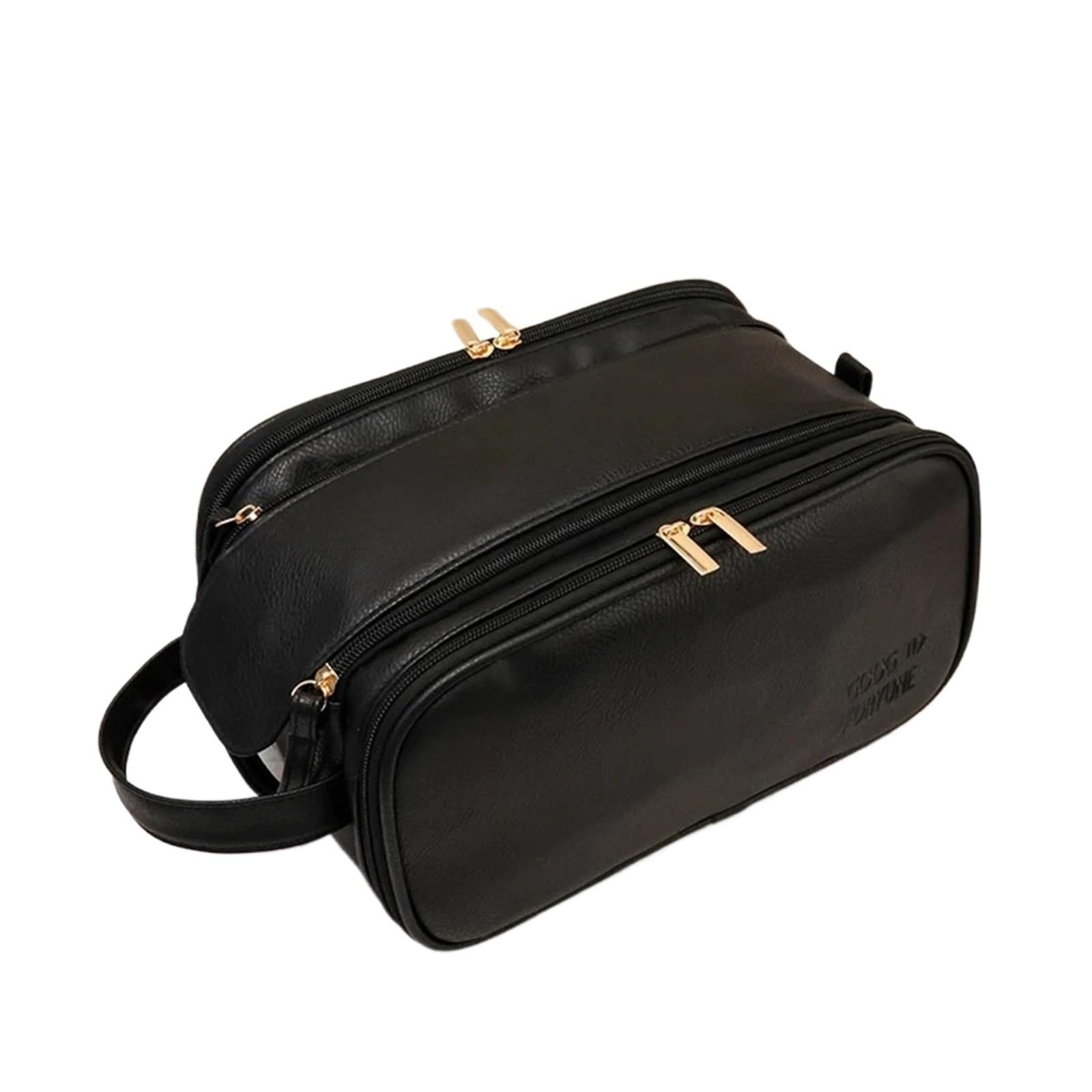 Borsa for Il Trucco per i Viaggi | Doppia cerniera portatile multifunzionale in pelle PU di grande capacità(Black)