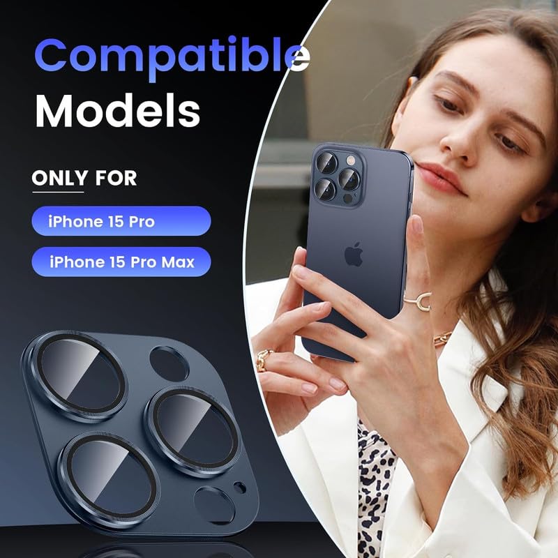 Image of [CONJOINED, 1-Pack For iPhone 15 Pro | For iPhone 15 Pro Max Camera Lens Protector, 9H Tempered Glass Camera Cover Screen Protector Metal Ring (Blue)