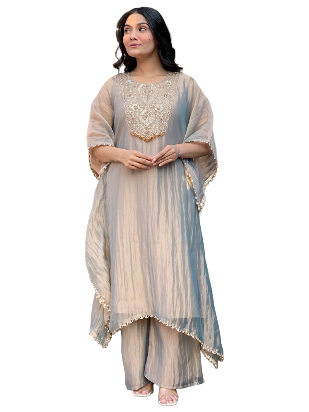 Women Roman Glass A-Line Kurta with Palazzo | Embroidered Kurta Set for Women | Round Neck A-Line Ethnic Kurta Palazzo Outfit for Casual Festive & Party