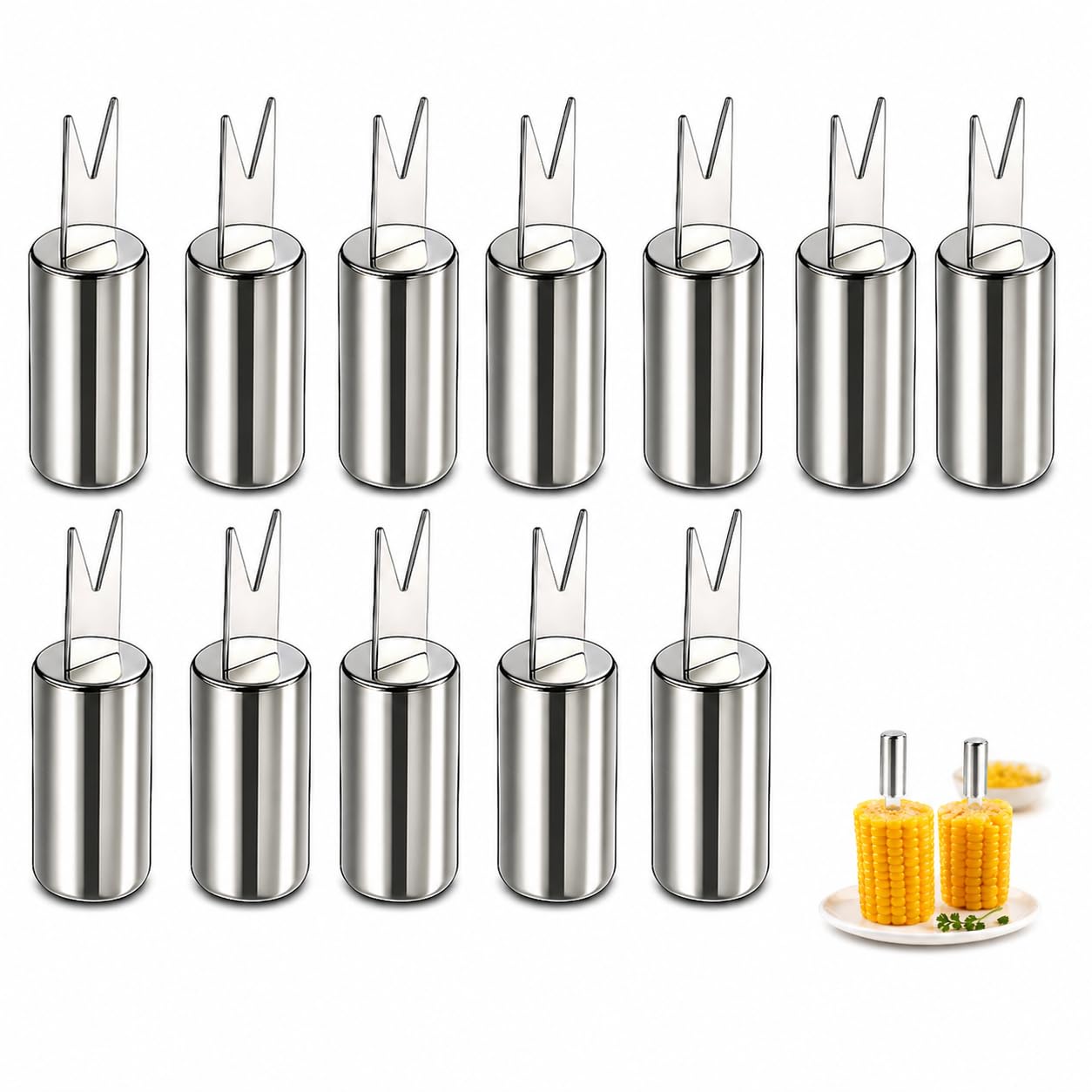 12PCS Stainless Steel Corn on The Cob Skewers, Corn Holders for BBQ, Camping, Kitchen and Parties, Durable Reusable Sweetcorn Holders and Corn on The Cob Forks for Easy Serving