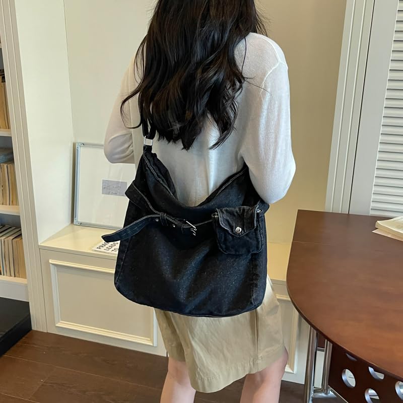 Borsa a tracolla da donna in tessuto denim, grande capacità, casual, colore