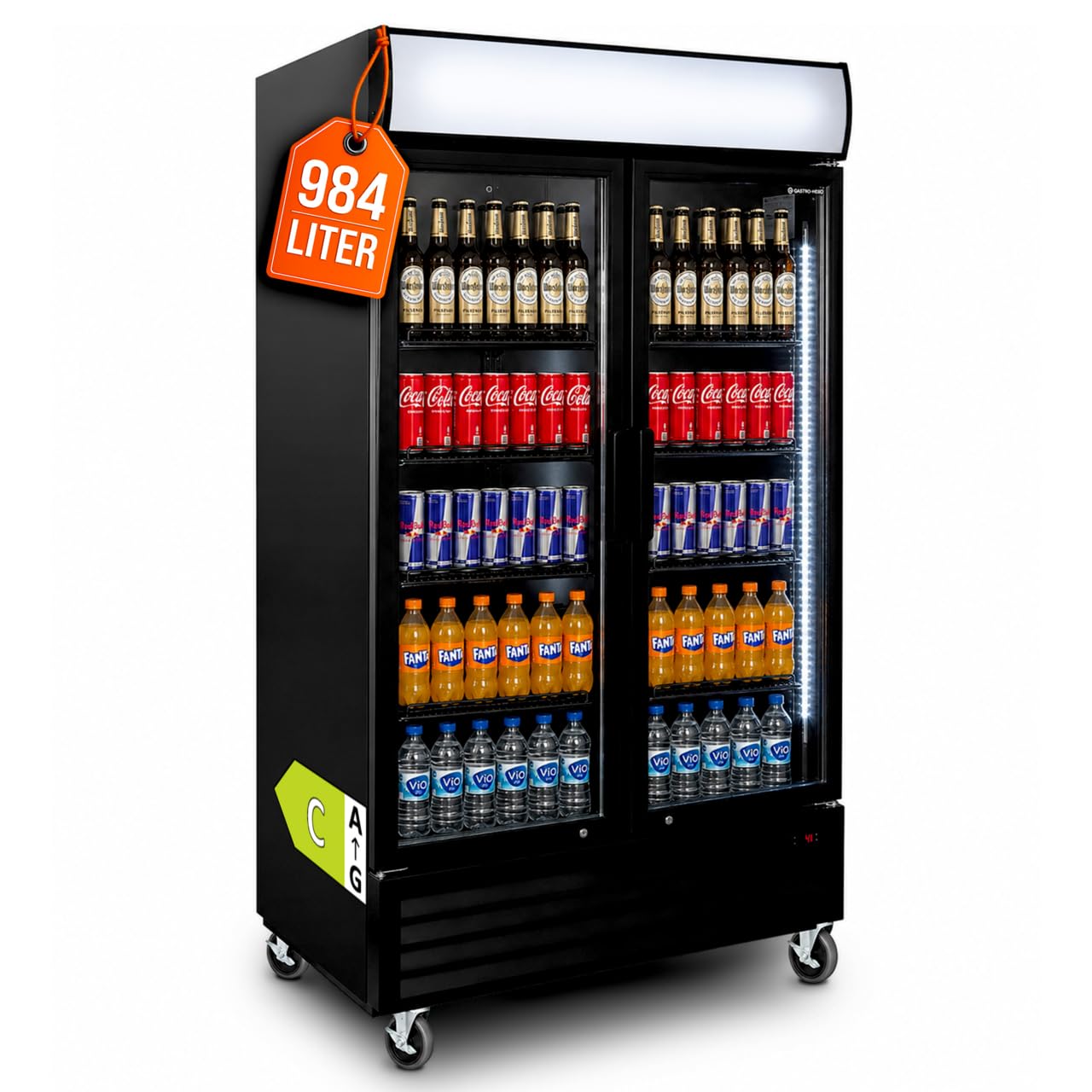 Getränkekühlschrank GKS-1000KT | 984 Liter | Flaschenkühlschrank mit 2 Glastüren | abschließbar | LED-Innenbeleuchtung & Leuchtaufsatz | 0 bis +10 °C | Bierkühlschrank | Getränkekühler Gastronomie