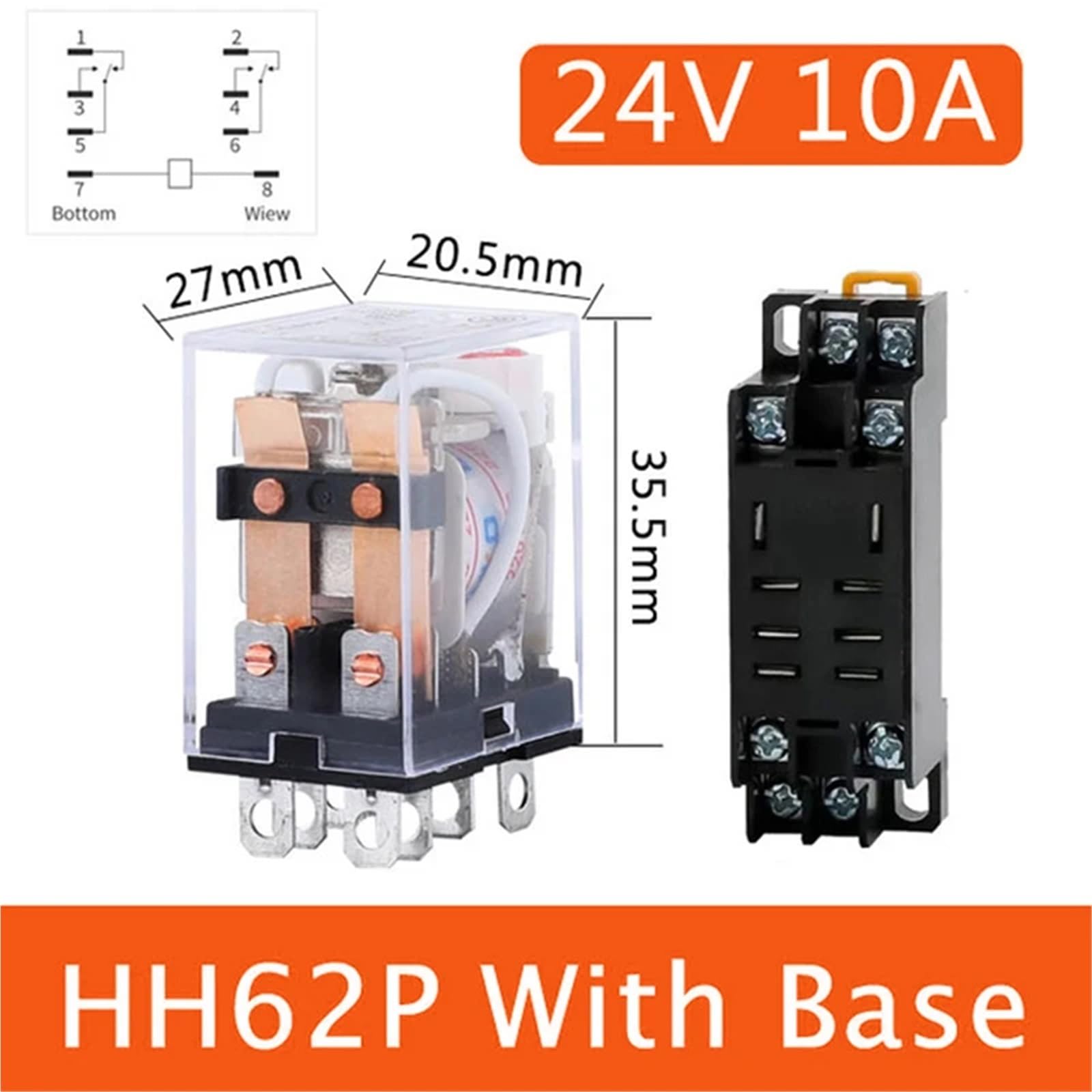 Relé de potencia de bobina HH62P de 5 piezas LY2NJ DPDT, relé miniatura de 8 pines con base de zócalo, CC 12 V, CC 24 V, CA 110 V, CA 220 V, 10 A, serie JQX-13F(DC (5Pcs),24V With Base)