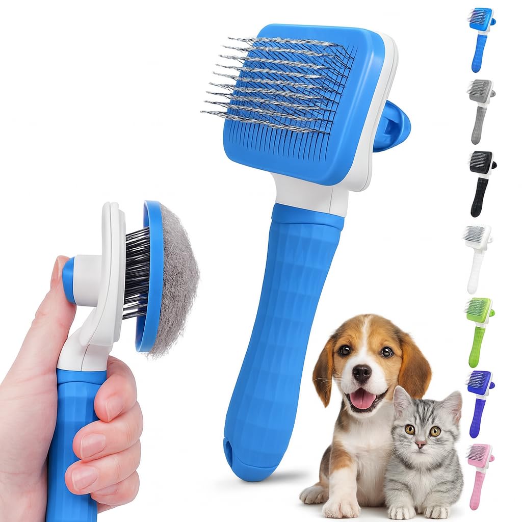 Generic Pet Grooming Brush, Blue - Self Cleaning Hair Brush for Dogs and Cats, Removes Loose Undercoat, Bristles with Massage Particles, Ergonomic