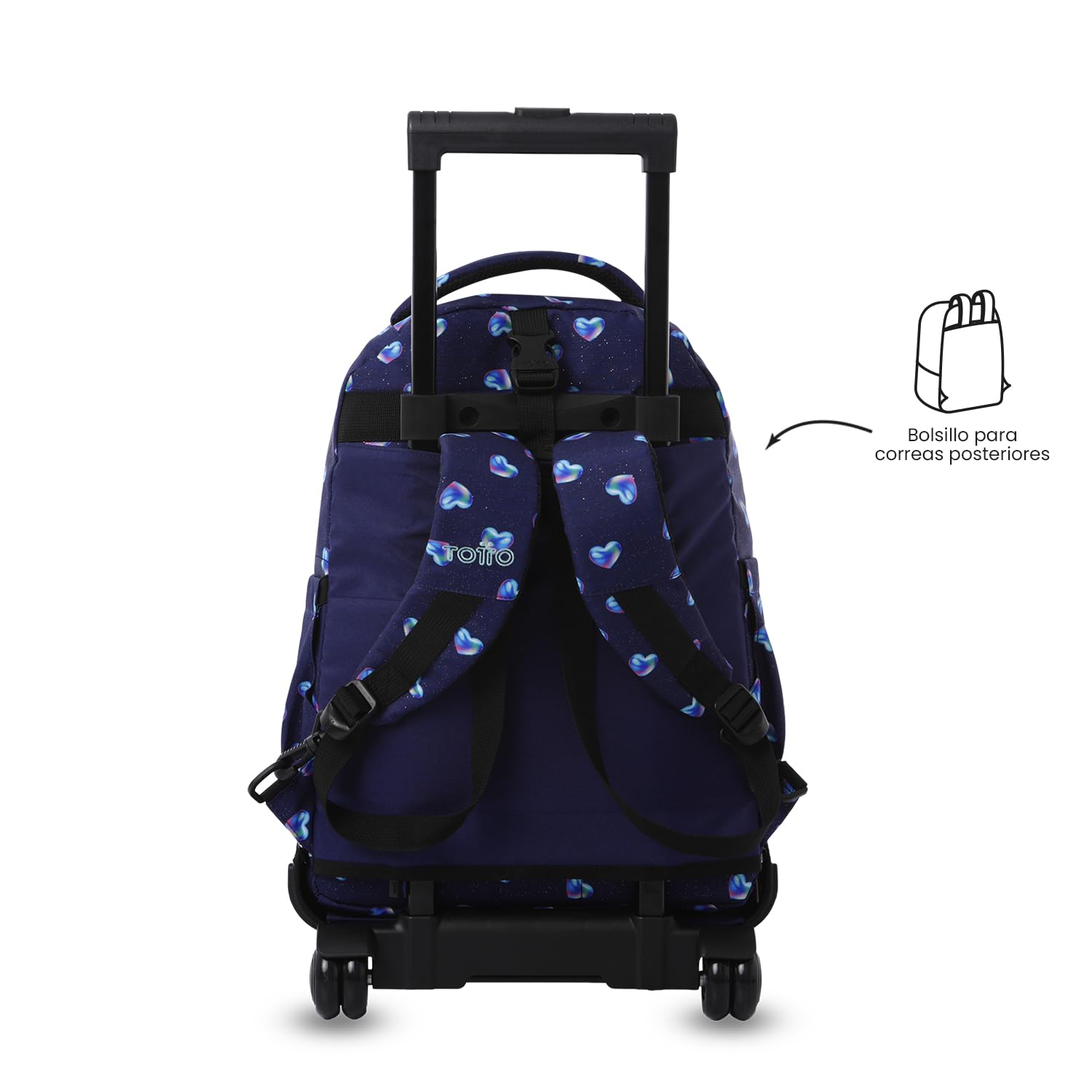 TOTTO - Mochila Escolar con Ruedas Desmontables, Modelo Tiza Glitter, Capacidad 26 L, Mochila PC 15.4", Bolsillo Botella, Manija Telescópica, Espaldar Ergonómico y Correas en S, Estampado Nacary