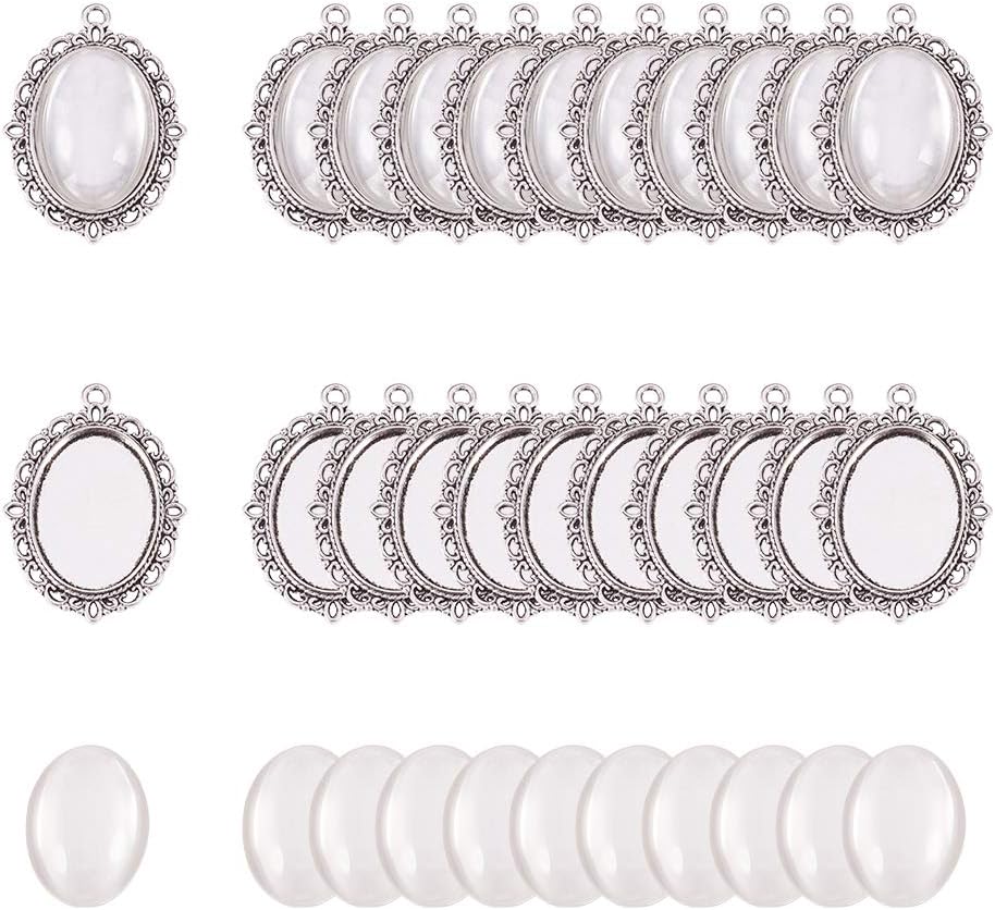 PH PandaHall 30 Sets Bezel Pendant Blanks Settings - 30pcs Oval Pendant Trays Bezel Blanks with 30pcs Glass Cabochons Clear Dome for Wedding BouquetPhoto Jewellery Making, Antique Silver, 25x18mm