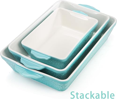 Miniatura 5 de SOUJOY Juego de 3 platos de porcelana para hornear, cazuela para horno, juego de utensilios rectangulares para hornear con asas, bandeja para lasaña