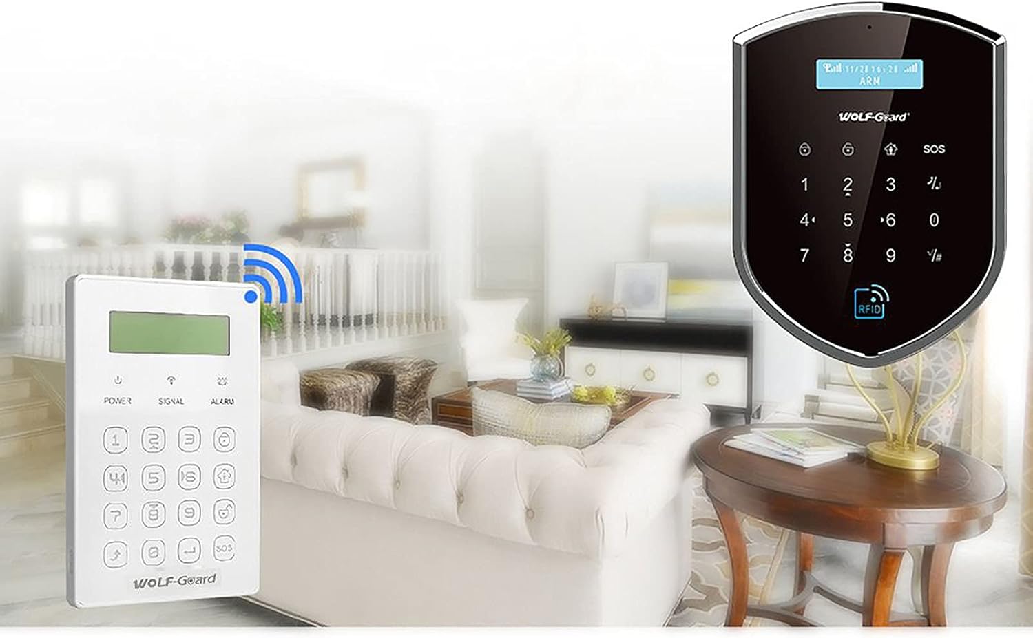 Wolf-Guard JP-08 Keypad placed in a living room setting, indicating its wireless connectivity to a main alarm unit.