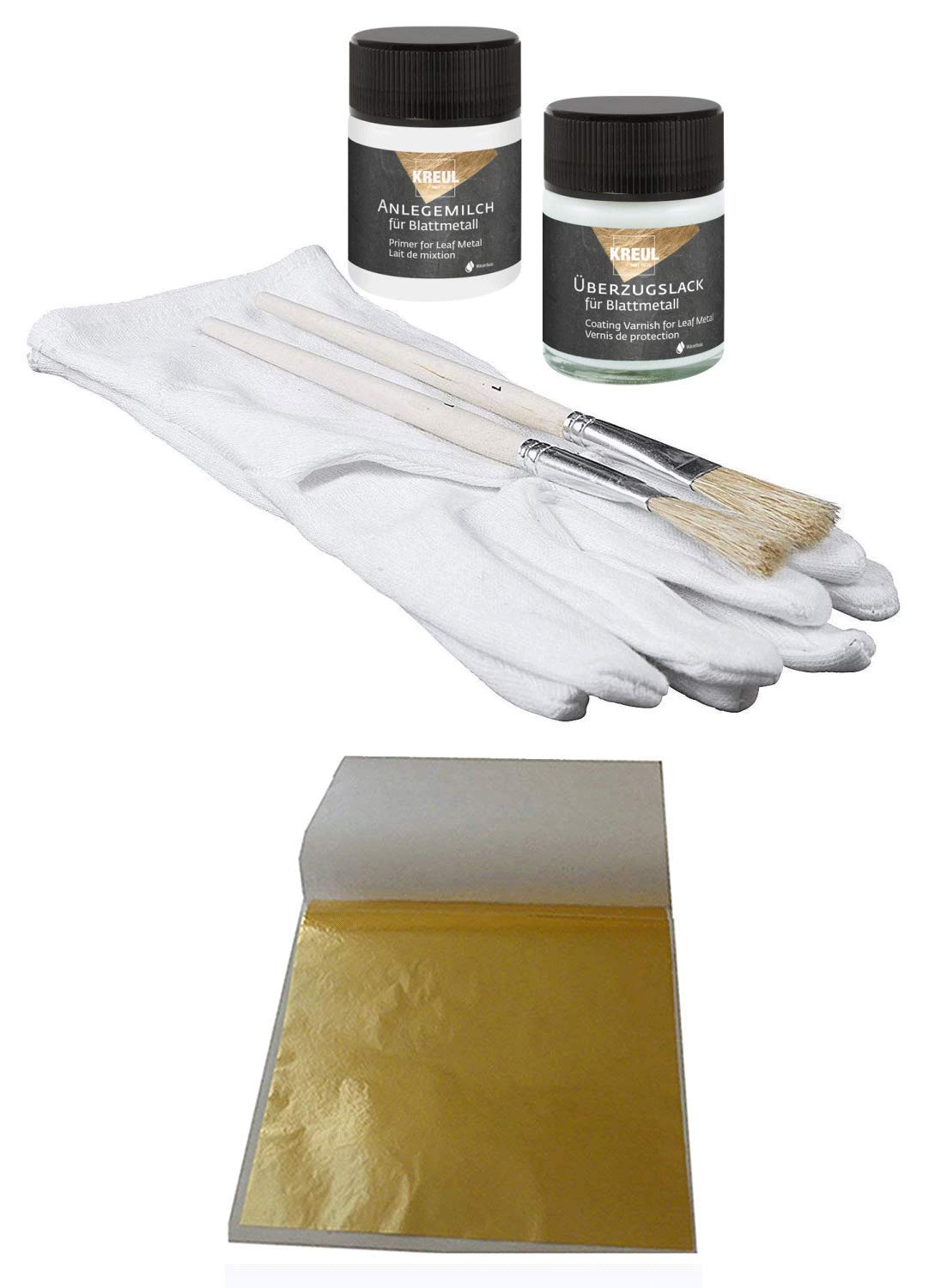 Starterset 100 Blatt Blattgold Imitation Blattmetall Schlagmetall 13,5cm x 13,5cm zum Vergolden & Basteln + 1 x Kreul Anlegemilch 50ml + 1 x Überzugslack 50ml + 1 Paar Vergolderhandschuhe + 2 Pinsel