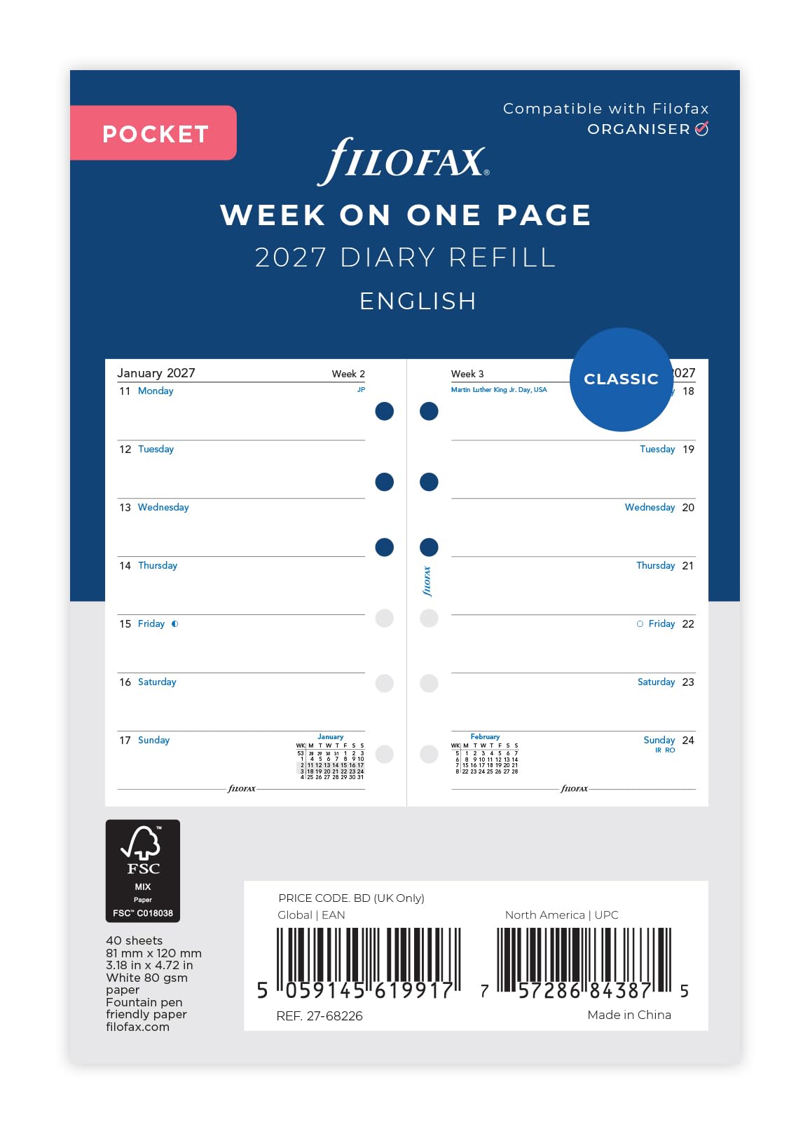 Filofax Pocket Week per page English 2027 diary 27-68226
