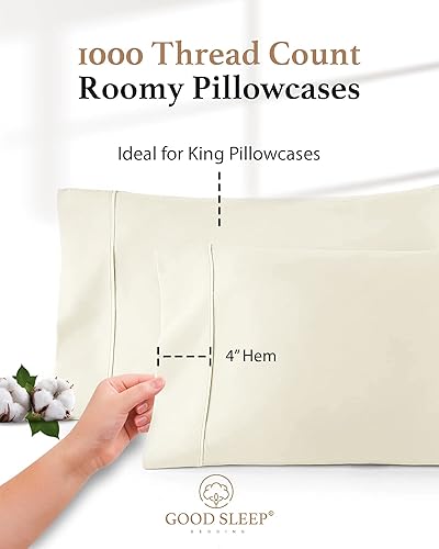 Miniatura 3 de Juego de 2 fundas de almohada de 1000 hilos 100% algodón egipcio, tamaño King, color marfil, 100% algodón de fibra larga para dormir, funda de